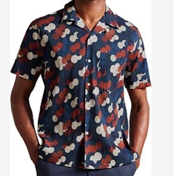 TED BAKER Goyt Seersucker Short Sleeve Men's Button Up Shirt Dot Print Sz Large - Picture 1 of 9